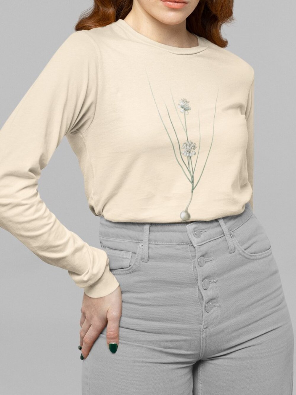 Obtuse-Flowered Onion Vintage Floral Print Long Sleeve Graphic Tee T-shirt S-XXL